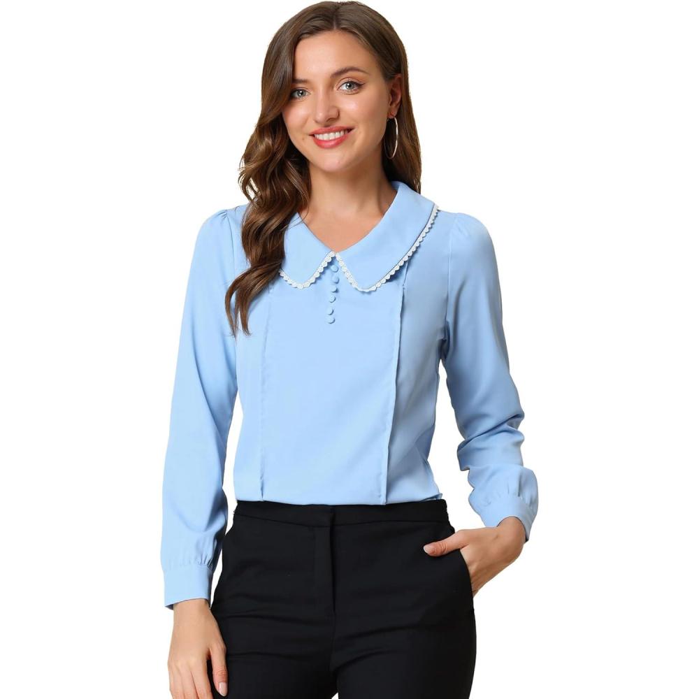 imageAllegra K Womens Vintage Peter Pan Collar Shirt Cute Lacy Trim Long Sleeve BlouseLight Blue