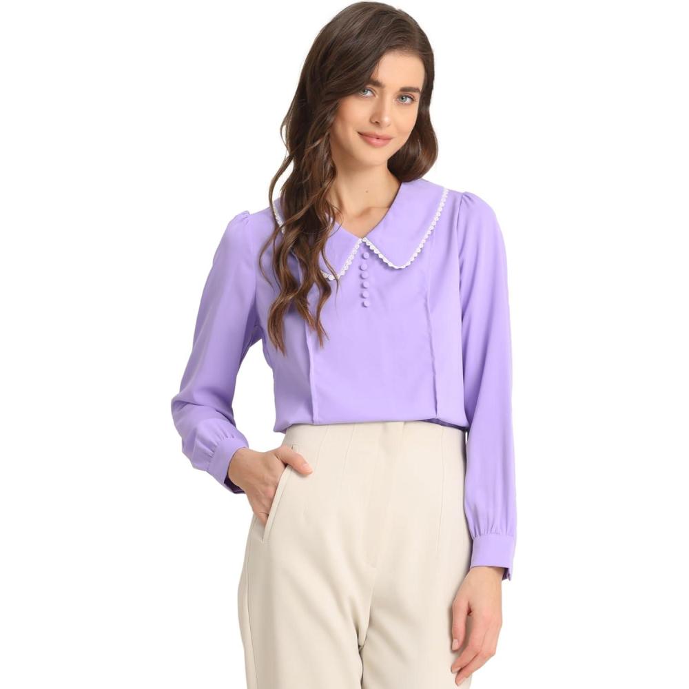 imageAllegra K Womens Vintage Peter Pan Collar Shirt Cute Lacy Trim Long Sleeve BlouseLight Purple
