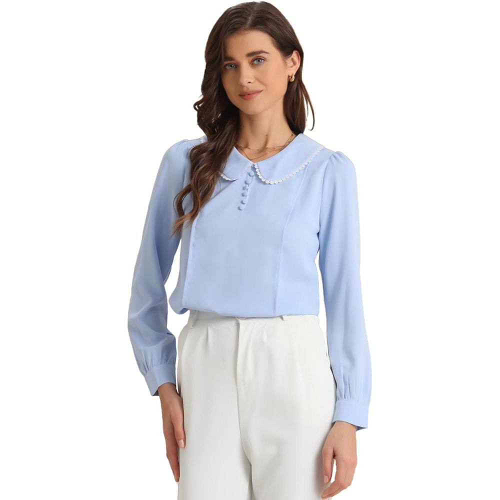 imageAllegra K Womens Vintage Peter Pan Collar Shirt Cute Lacy Trim Long Sleeve BlouseSky Blue