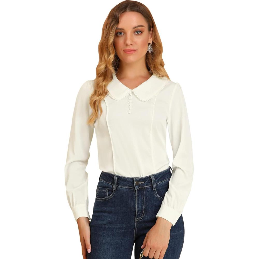 imageAllegra K Womens Vintage Peter Pan Collar Shirt Cute Lacy Trim Long Sleeve BlouseWhite