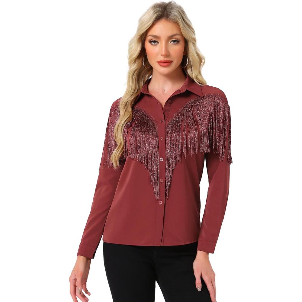 imageAllegra K Womens Western Fringe Blouse Long Sleeve Button Down Disco Cowgirl ShirtsDark Red