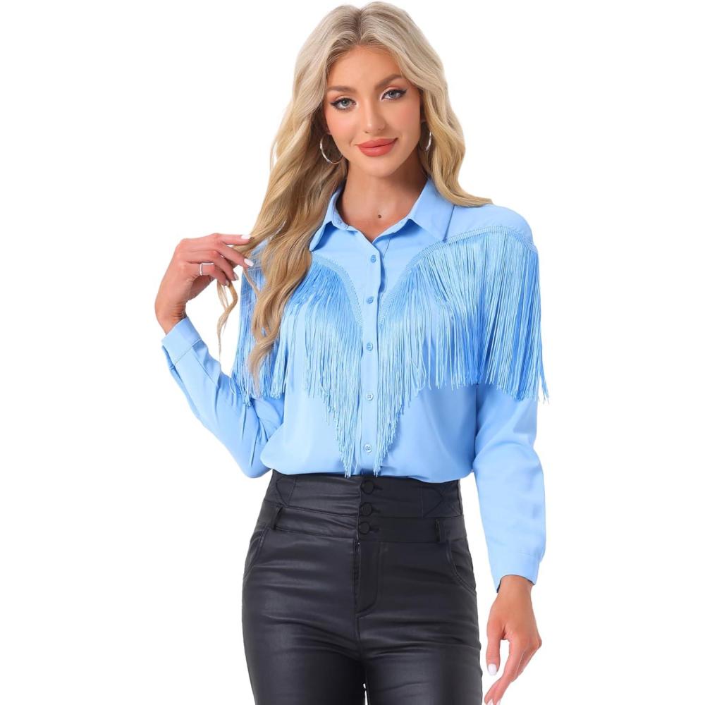 imageAllegra K Womens Western Fringe Blouse Long Sleeve Button Down Disco Cowgirl ShirtsSky Blue