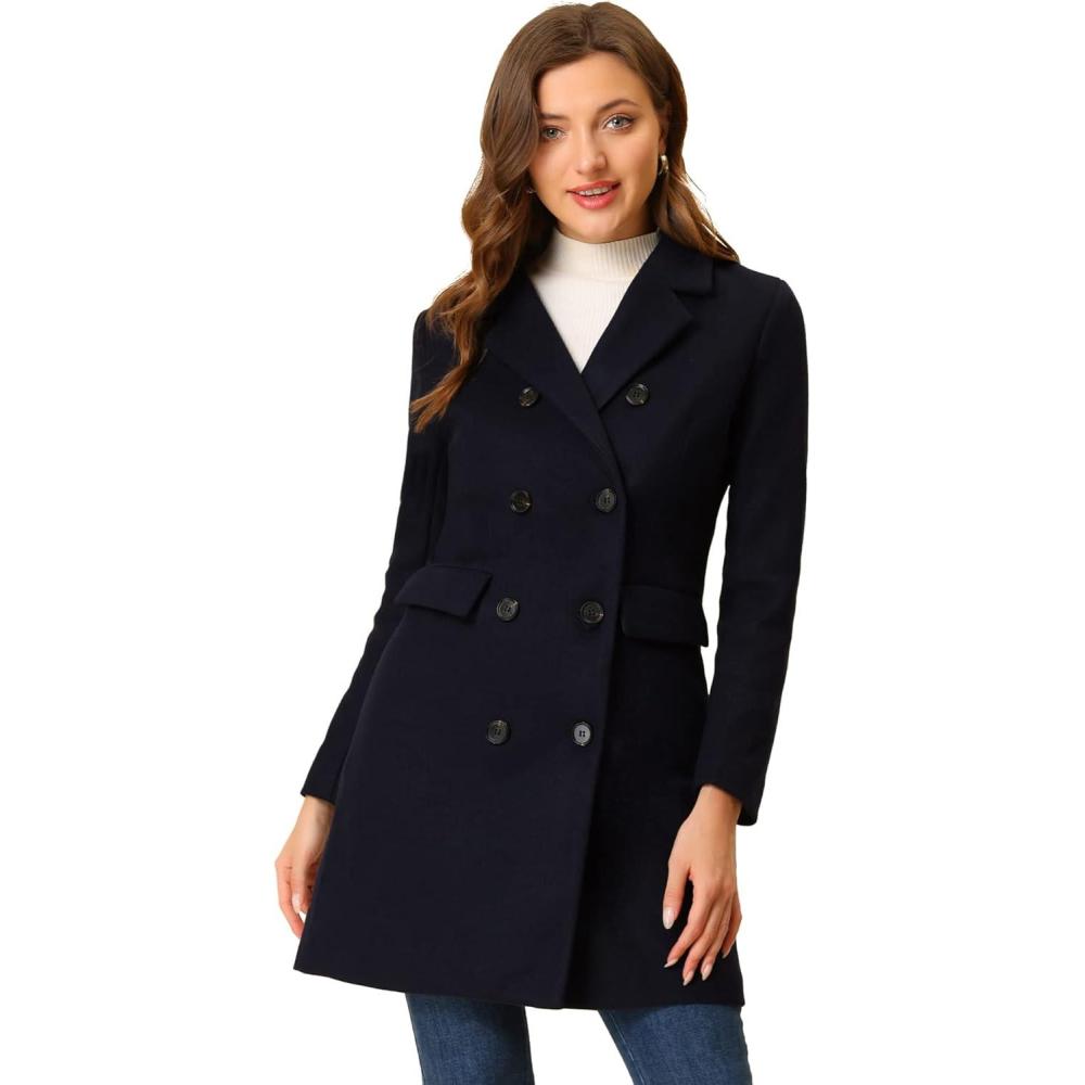 imageAllegra K Womens Winter Coat Elegant Notched Lapel Double Breasted Trench CoatDark Blue