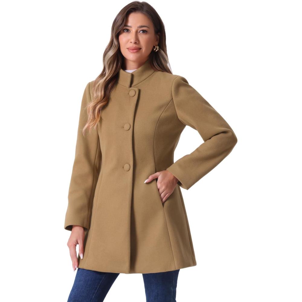 imageAllegra K Womens Winter Overcoat MidLong Stand Collar Single Breasted Coat OuterwearCamel