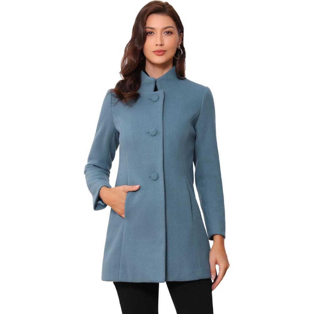 imageAllegra K Womens Winter Overcoat MidLong Stand Collar Single Breasted Coat OuterwearGrey Blue