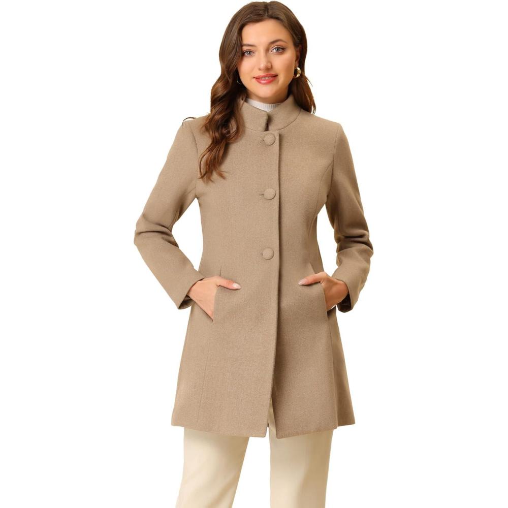 imageAllegra K Womens Winter Overcoat MidLong Stand Collar Single Breasted Coat OuterwearLight Brown