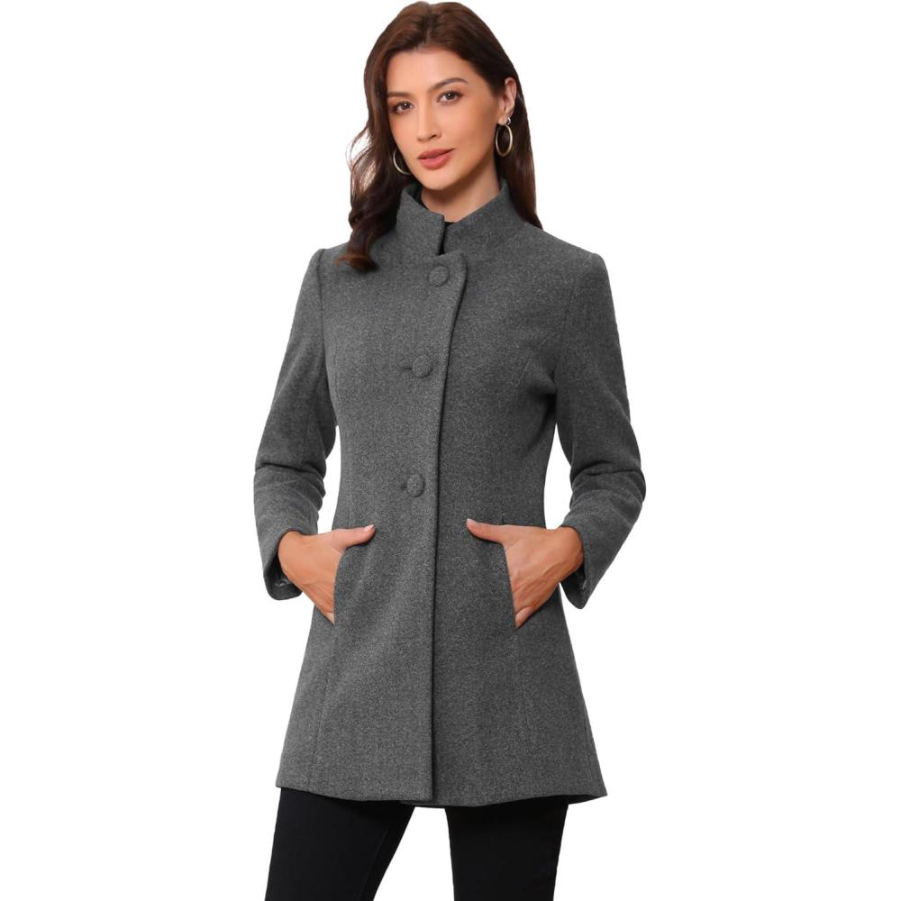 imageAllegra K Womens Winter Overcoat MidLong Stand Collar Single Breasted Coat OuterwearLight Grey