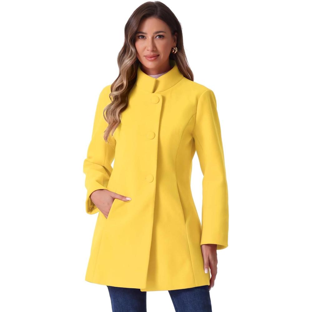 imageAllegra K Womens Winter Overcoat MidLong Stand Collar Single Breasted Coat OuterwearYellow