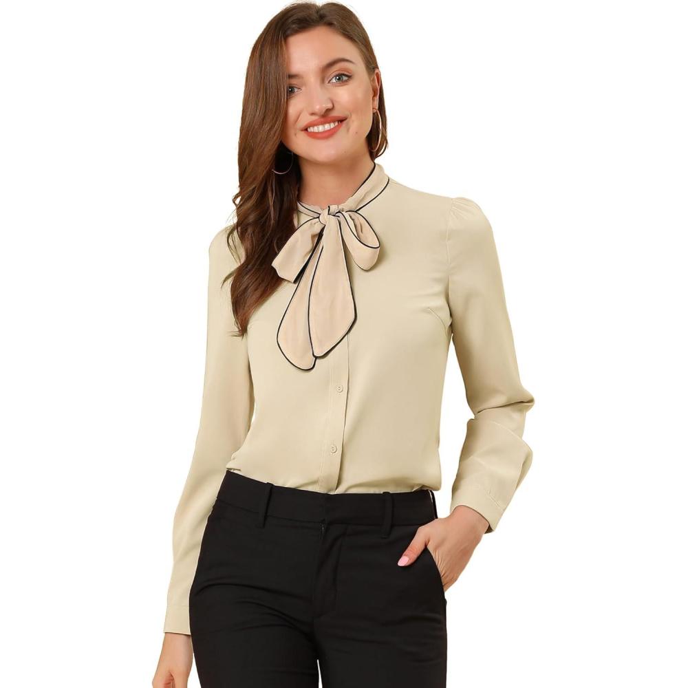 imageAllegra K Womens Work Blouse Tie Neck Long Sleeve Shirts Button Down Elegant Office Business Top 2025Apricot