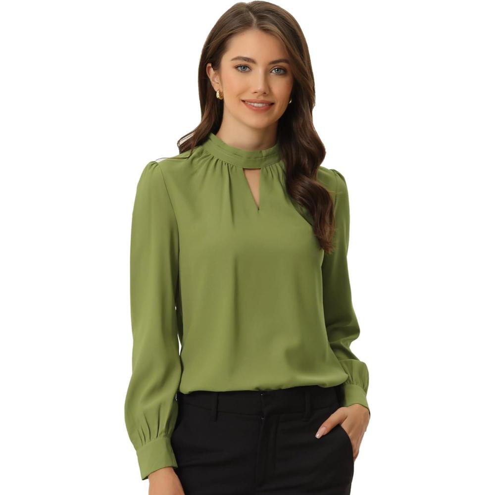 imageAllegra K Womens Work Tops Dressy Casual Shirts Mock Neck Keyhole Business Casual Long Sleeve BlouseAvocado Green