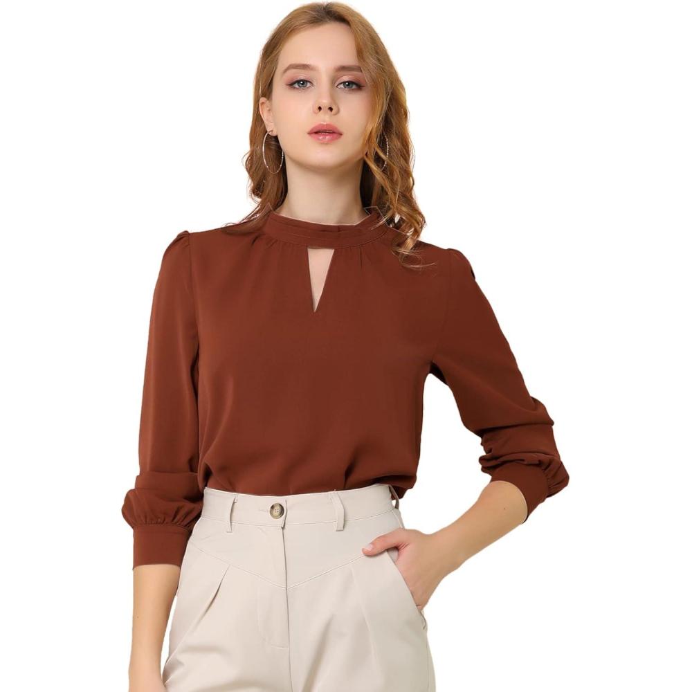imageAllegra K Womens Work Tops Dressy Casual Shirts Mock Neck Keyhole Business Casual Long Sleeve BlouseBrown