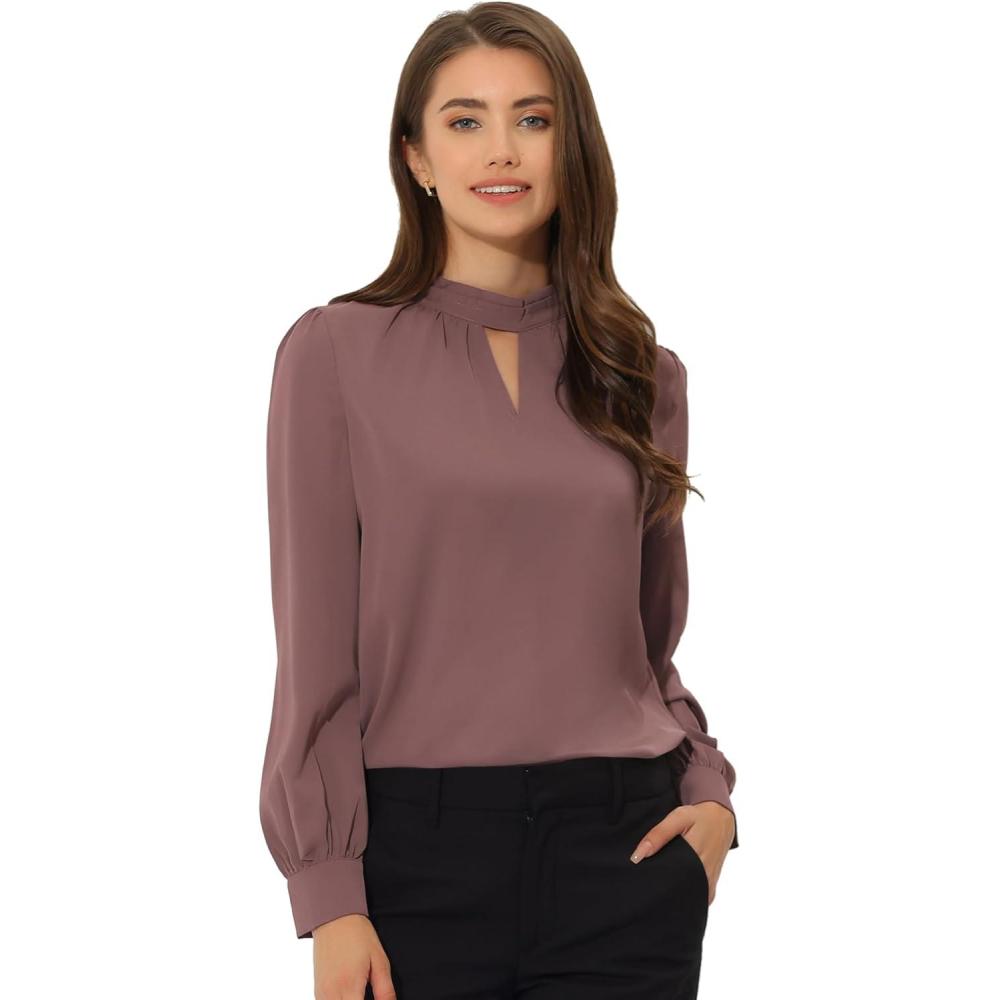 imageAllegra K Womens Work Tops Dressy Casual Shirts Mock Neck Keyhole Business Casual Long Sleeve BlouseCarmine