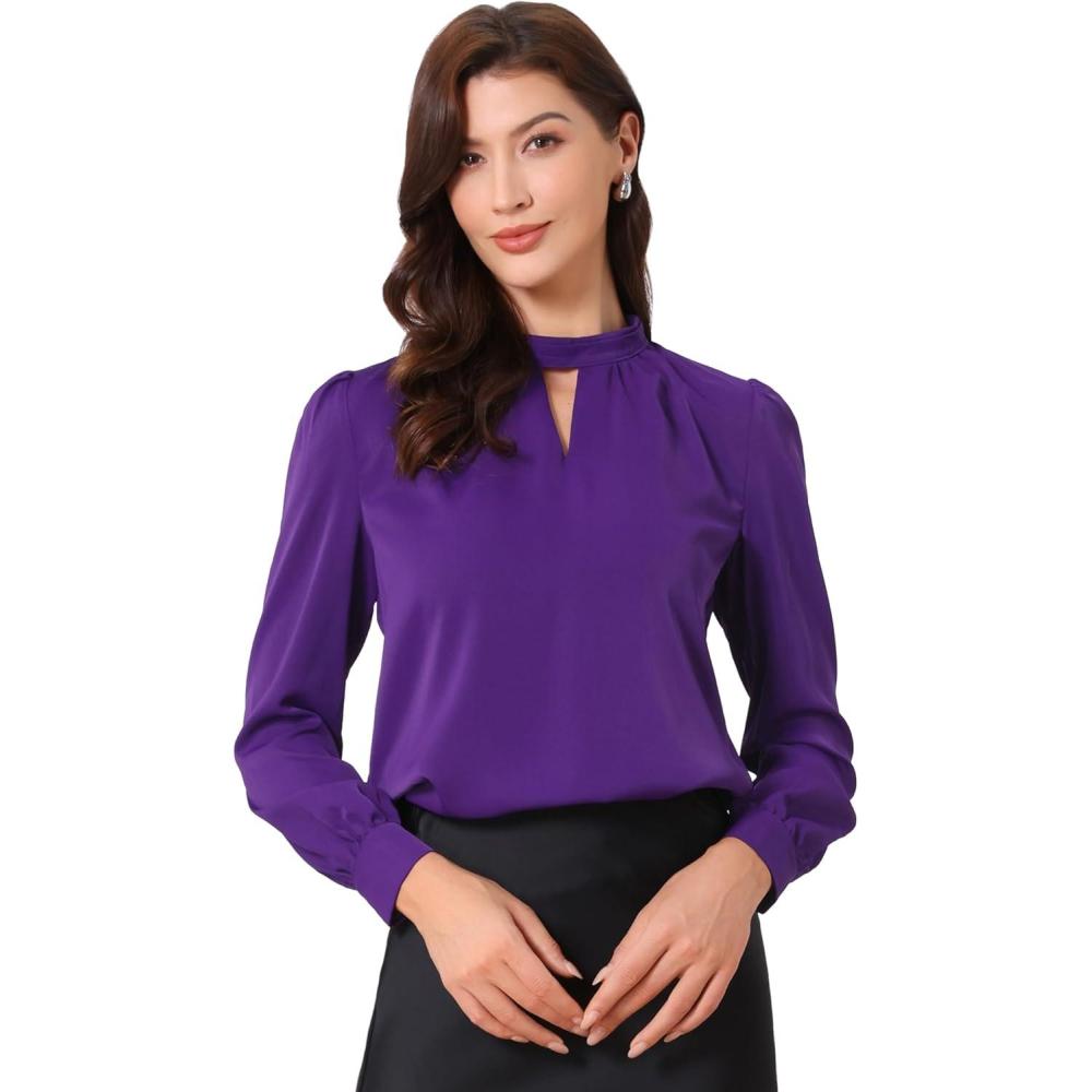 imageAllegra K Womens Work Tops Dressy Casual Shirts Mock Neck Keyhole Business Casual Long Sleeve BlouseDark Purple