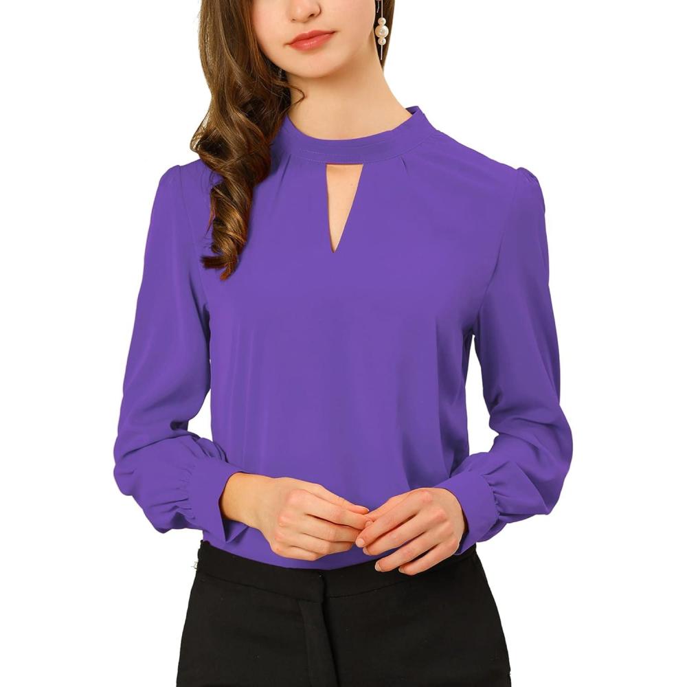 imageAllegra K Womens Work Tops Dressy Casual Shirts Mock Neck Keyhole Business Casual Long Sleeve BlousePurple