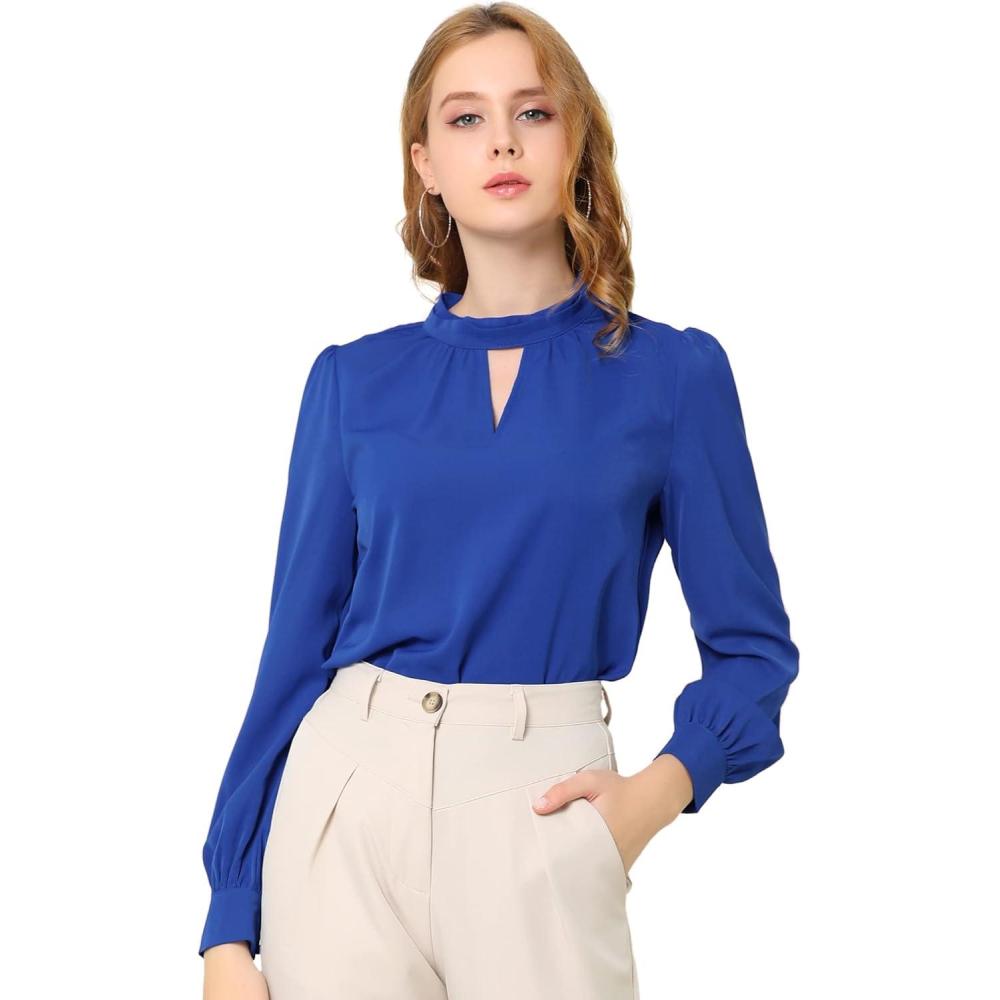imageAllegra K Womens Work Tops Dressy Casual Shirts Mock Neck Keyhole Business Casual Long Sleeve BlouseRoyal Blue