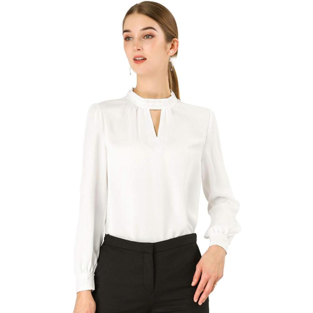 imageAllegra K Womens Work Tops Dressy Casual Shirts Mock Neck Keyhole Business Casual Long Sleeve BlouseWhite
