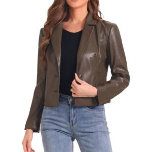 imageAllegra K Faux Leather Jacket for Womens Motorcycle Moto Biker Coat Casual Cropped PU Leather JacketsBrown