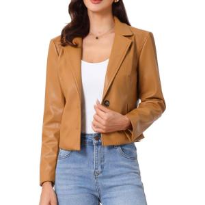 imageAllegra K Faux Leather Jacket for Womens Motorcycle Moto Biker Coat Casual Cropped PU Leather JacketsLight Brown
