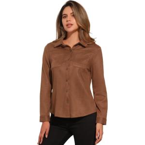 imageAllegra K Faux Suede Shirt for Womens Stretch Dressy Casual Button Down Long Sleeve Shirt 2024 Fall ClothesBrown