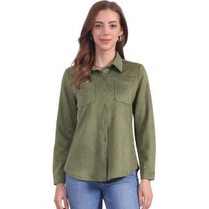 imageAllegra K Faux Suede Shirt for Womens Stretch Dressy Casual Button Down Long Sleeve Shirt 2024 Fall ClothesOlive Green