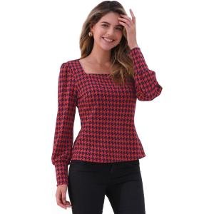 imageAllegra K Houndstooth Tops for Womens 1950s Vintage Bishop Sleeve Square Neck BlouseRed