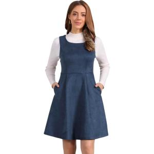 imageAllegra K Pinafore Dress for Womens Sleeveless Casual Vintage Faux Suede t Shirt DressesDark Blue