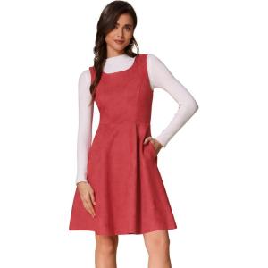 imageAllegra K Pinafore Dress for Womens Sleeveless Casual Vintage Faux Suede t Shirt DressesRed