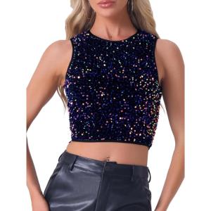 imageAllegra K Sequin Tops for Womens Sparkle Glitter Sleeveless Club Party Nightout Crop Tank TopBlue Purple