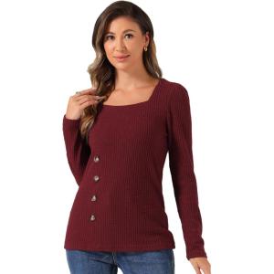 imageAllegra K Square Neck Sweaters for Womens Vintage Teacher Long Sleeve Pullover Ribbed Knit TopBurgundy