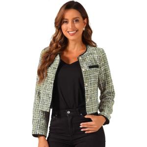 imageAllegra K Tweed Jacket for Womens Long Sleeve Casual Work Office Plaid Short OutwearGreen