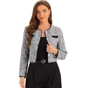 imageAllegra K Tweed Jacket for Womens Long Sleeve Casual Work Office Plaid Short OutwearGrey Brown