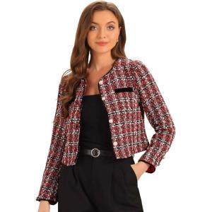 imageAllegra K Tweed Jacket for Womens Long Sleeve Casual Work Office Plaid Short OutwearRed Black