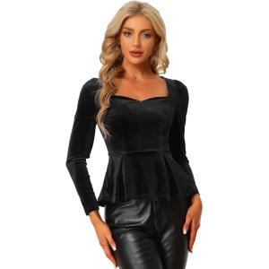 imageAllegra K Velvet Blouse for Womens Elegant Sweetheart Neck Long Sleeve Peplum TopBlack