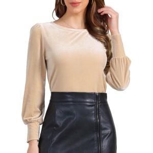 imageAllegra K Velvet Tops for Women Crew Neck Puff Long Sleeve Casual Pullover Fall Winter Blouses TopBeige