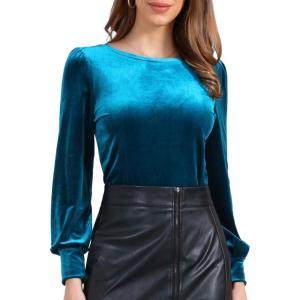 imageAllegra K Velvet Tops for Women Crew Neck Puff Long Sleeve Casual Pullover Fall Winter Blouses TopPeacock Blue