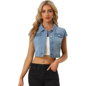 imageAllegra K Womens 2024 Summer Button Down Cap Short Sleeve Cropped Jean Denim JacketLignt Blue
