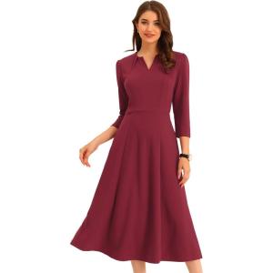 imageAllegra K Womens 34 Sleeve Dresses V Neck Elegant ALine Work Business Formal Midi Dress with PocketsBurgundy