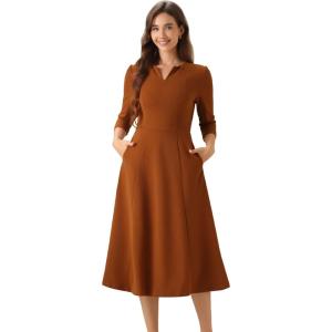 imageAllegra K Womens 34 Sleeve Dresses V Neck Elegant ALine Work Business Formal Midi Dress with PocketsCaramel