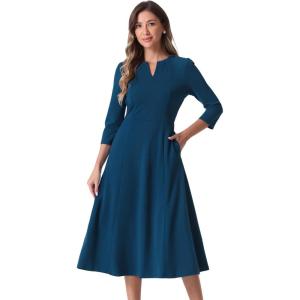 imageAllegra K Womens 34 Sleeve Dresses V Neck Elegant ALine Work Business Formal Midi Dress with PocketsDark Blue