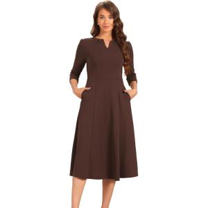 imageAllegra K Womens 34 Sleeve Dresses V Neck Elegant ALine Work Business Formal Midi Dress with PocketsDark Brown