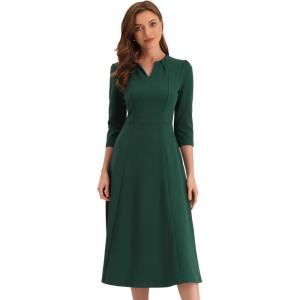 imageAllegra K Womens 34 Sleeve Dresses V Neck Elegant ALine Work Business Formal Midi Dress with PocketsDark Green