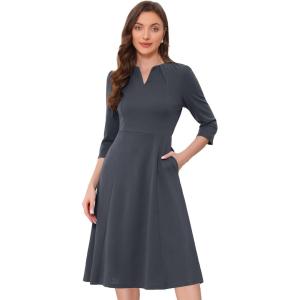 imageAllegra K Womens 34 Sleeve Dresses V Neck Elegant ALine Work Business Formal Midi Dress with PocketsDark Grey