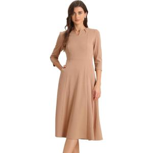 imageAllegra K Womens 34 Sleeve Dresses V Neck Elegant ALine Work Business Formal Midi Dress with PocketsDark Khaki