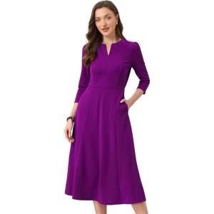 imageAllegra K Womens 34 Sleeve Dresses V Neck Elegant ALine Work Business Formal Midi Dress with PocketsDark Purple