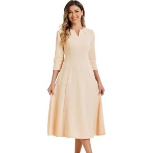 imageAllegra K Womens 34 Sleeve Dresses V Neck Elegant ALine Work Business Formal Midi Dress with PocketsDeep Apricot
