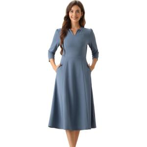 imageAllegra K Womens 34 Sleeve Dresses V Neck Elegant ALine Work Business Formal Midi Dress with PocketsGray Blue