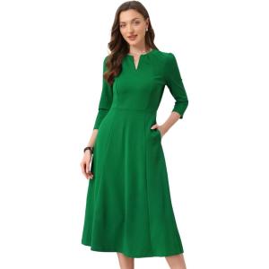 imageAllegra K Womens 34 Sleeve Dresses V Neck Elegant ALine Work Business Formal Midi Dress with PocketsGreen