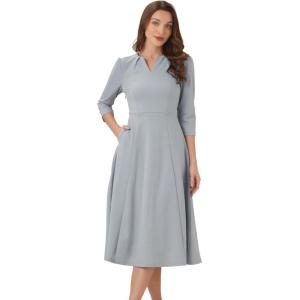 imageAllegra K Womens 34 Sleeve Dresses V Neck Elegant ALine Work Business Formal Midi Dress with PocketsGrey