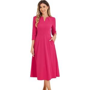 imageAllegra K Womens 34 Sleeve Dresses V Neck Elegant ALine Work Business Formal Midi Dress with PocketsHot Pink