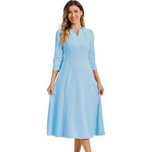 imageAllegra K Womens 34 Sleeve Dresses V Neck Elegant ALine Work Business Formal Midi Dress with PocketsLight Blue